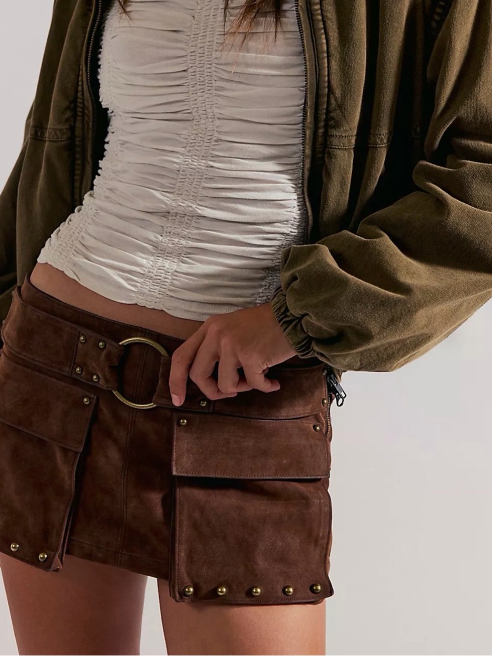 Free People Brown Suede Mini Skirt with Ring Buckle & Cargo Pockets